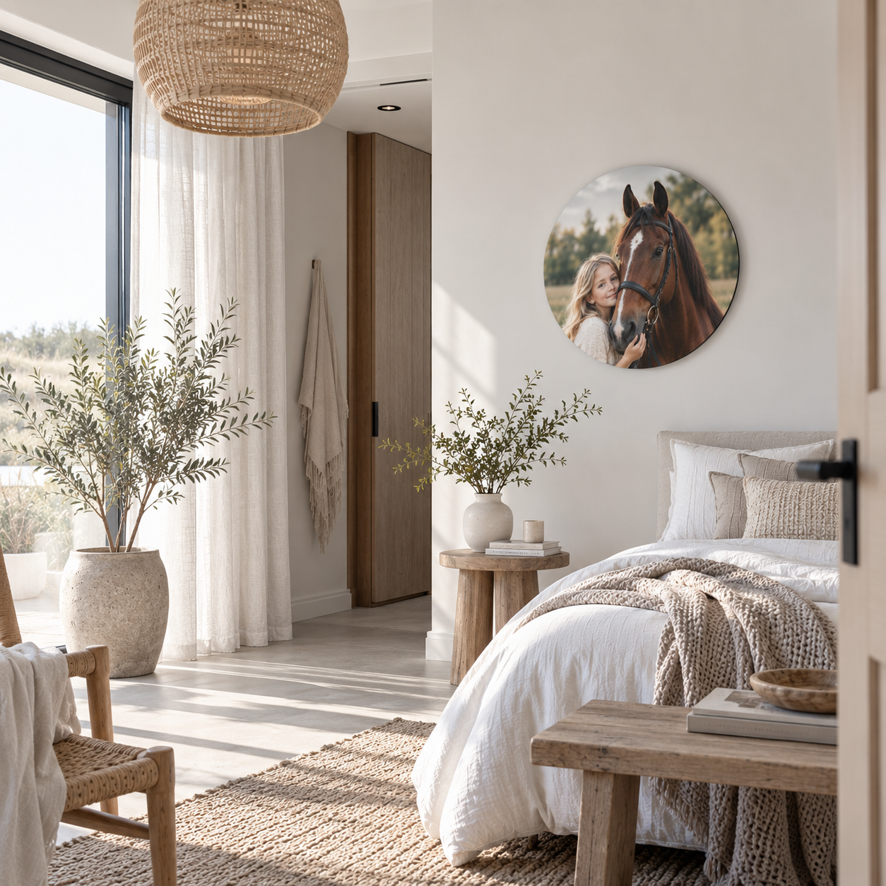 Foto op Forex met meisje en paard in een lichte slaapkamer
