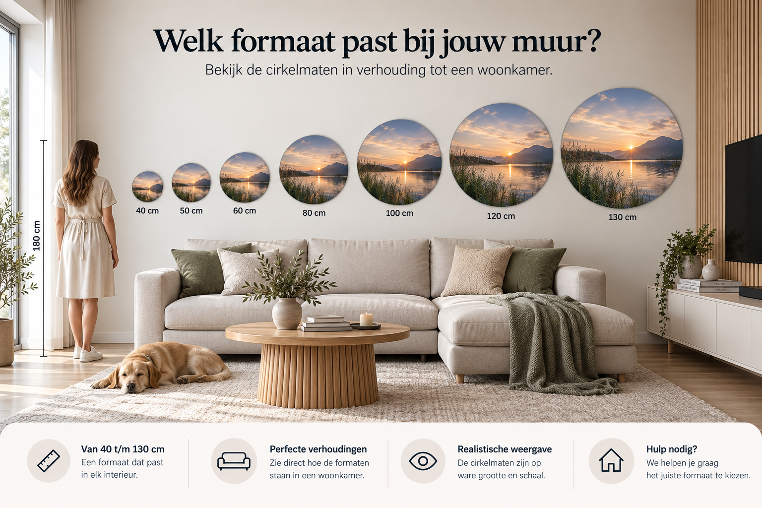 Formaatwijzer voor muurcirkels van 40 tot 130 cm in verhouding tot een woonkamer en een persoon van 180 cm