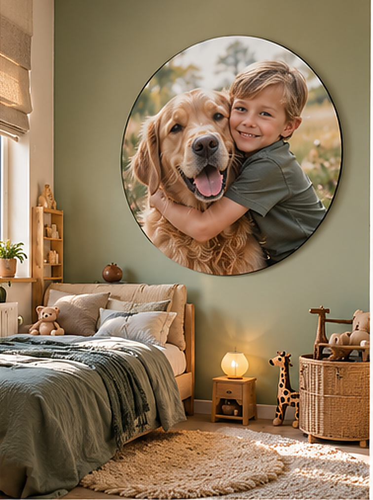 Kind samen met hond als persoonlijke wanddecoratie in een kinderkamer