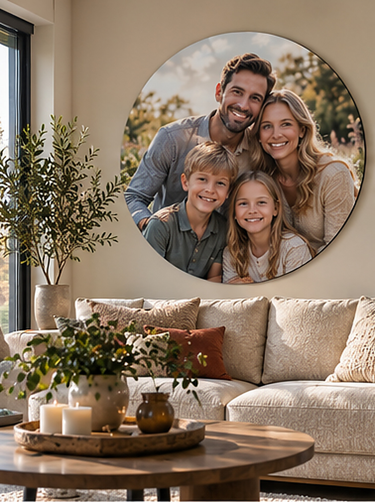 Familieportret zonder huisdieren in een warme Nederlandse woonkamer