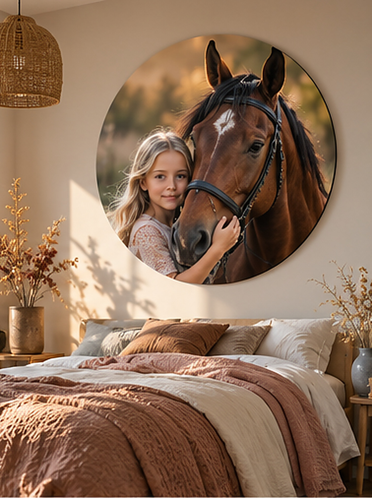 Kind samen met paard als persoonlijke wanddecoratie in een warme slaapkamer