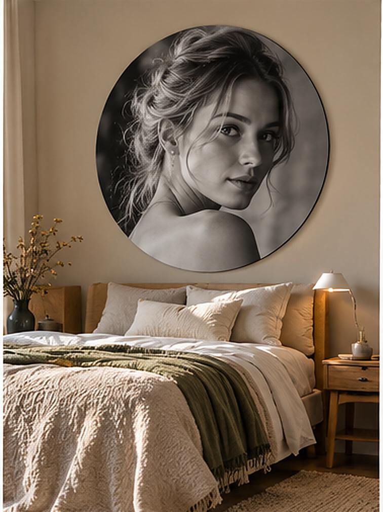Zwart-wit portret als persoonlijke blikvanger in een rustige slaapkamer
