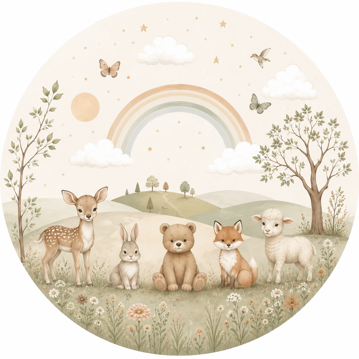 Muurcirkel babykamer dieren en regenboog